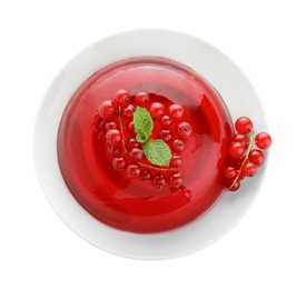 Photo of Delicious fresh red jelly with berries and mint on white background, top view