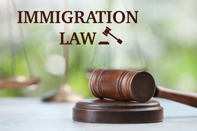 Immigration law. Wooden gavel on grey table against blurred background