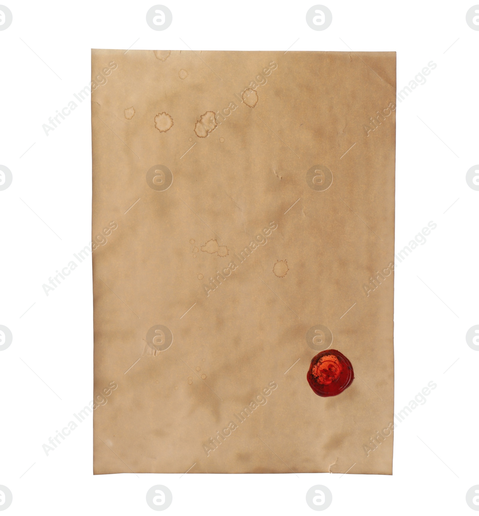 Photo of Sheet of old parchment paper with wax stamp isolated on white. Space for design