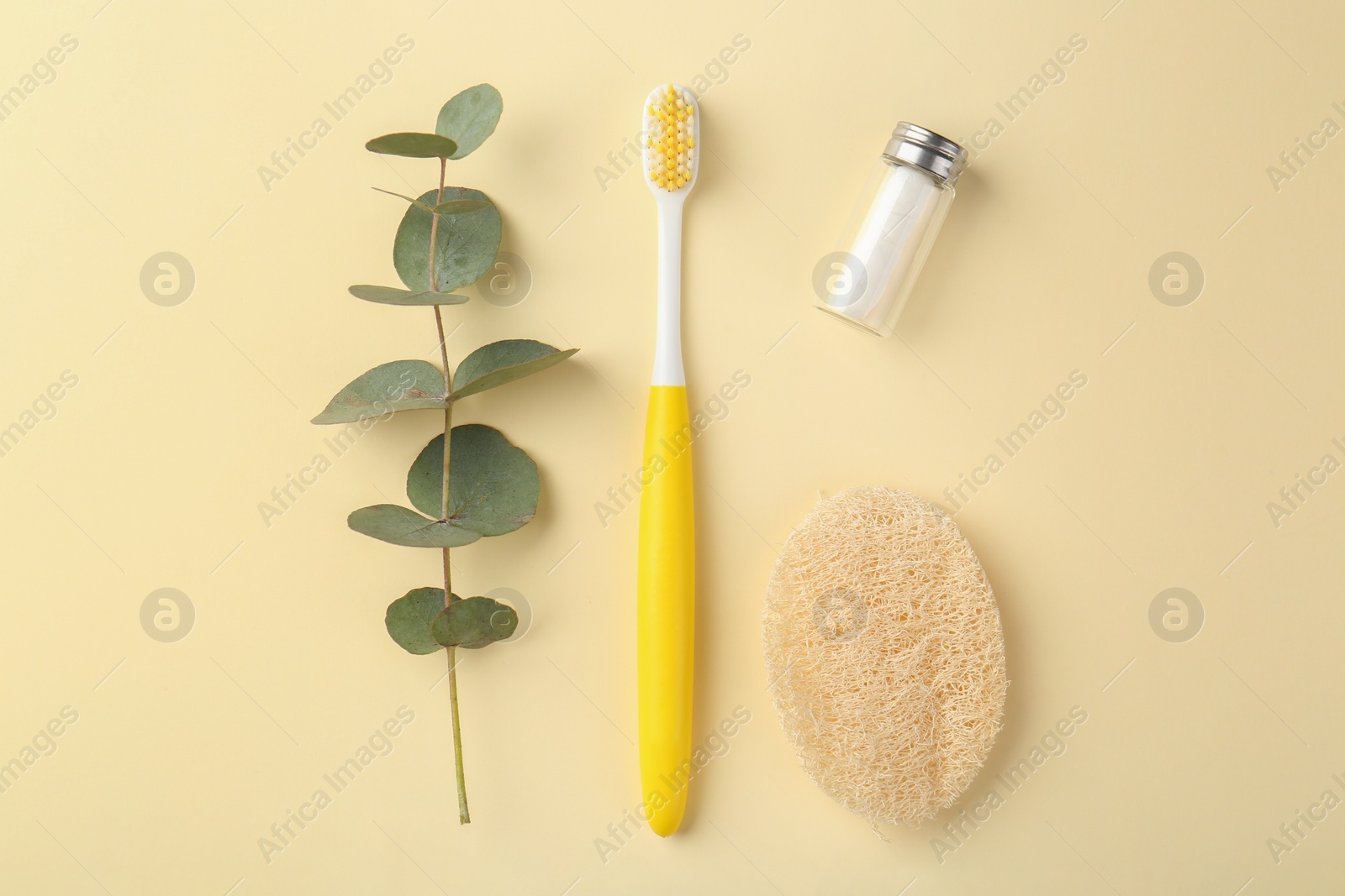 Photo of Plastic toothbrush, eucalyptus branch and other toiletries on pale yellow background, flat lay