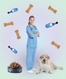 Image of Collage with photos of veterinarian doc, pets, food and toys on color background