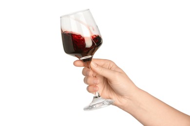 Woman with glass of wine isolated on white, closeup