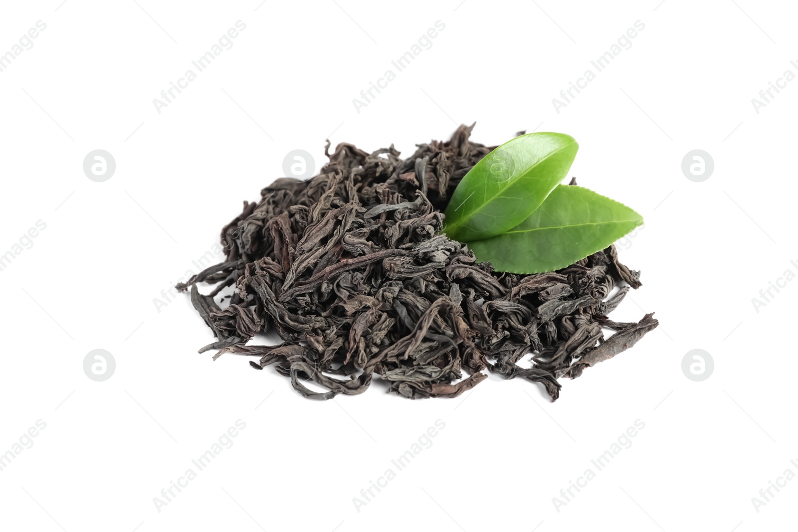 Photo of Dry and fresh tea leaves isolated on white