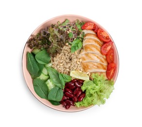 Photo of Healthy meal. Tasty vegetables, chicken breast and quinoa in bowl isolated on white, top view