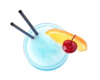 Photo of Glass of tasty refreshing cocktail on white background, top view