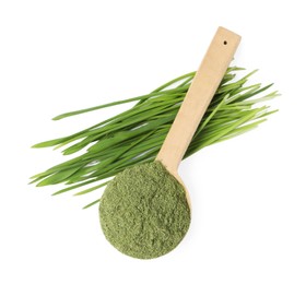 Photo of Wheat grass powder in spoon and fresh sprouts isolated on white, top view