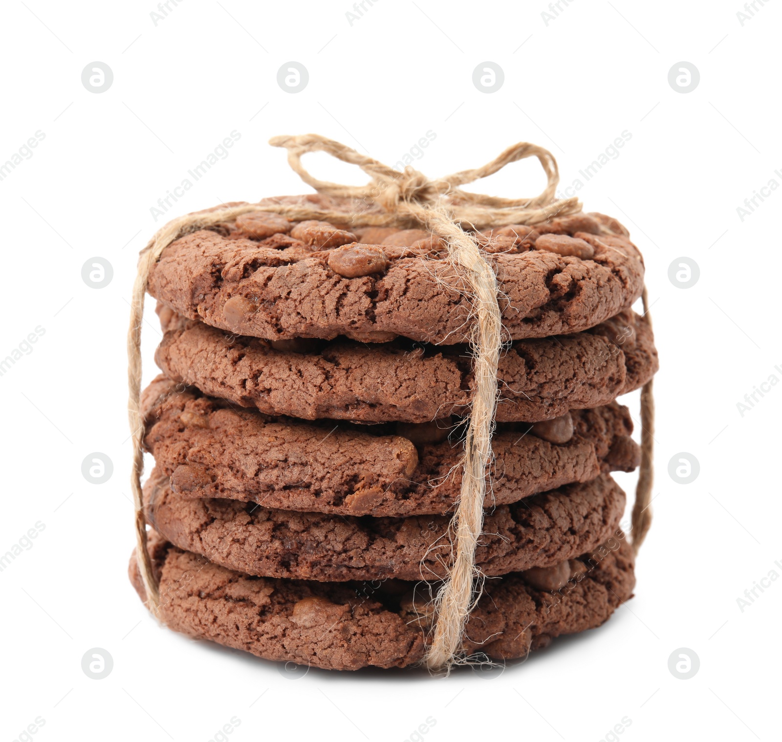 Photo of Tasty homemade chocolate chip cookies tied with twine isolated on white