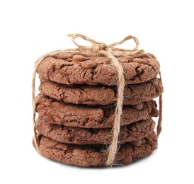 Tasty homemade chocolate chip cookies tied with twine isolated on white