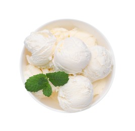 Delicious vanilla ice cream and mint in bowl isolated on white, top view