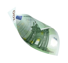 Flying one hundred Euro banknote isolated on white