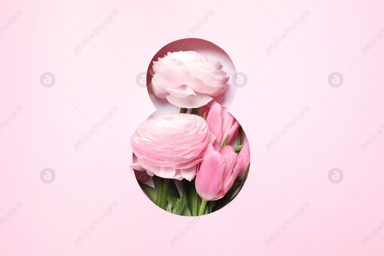 Photo of 8 March greeting card design with flowers, top view. Happy International Women's Day