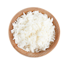 Photo of Wooden bowl with cooked rice isolated on white. top view