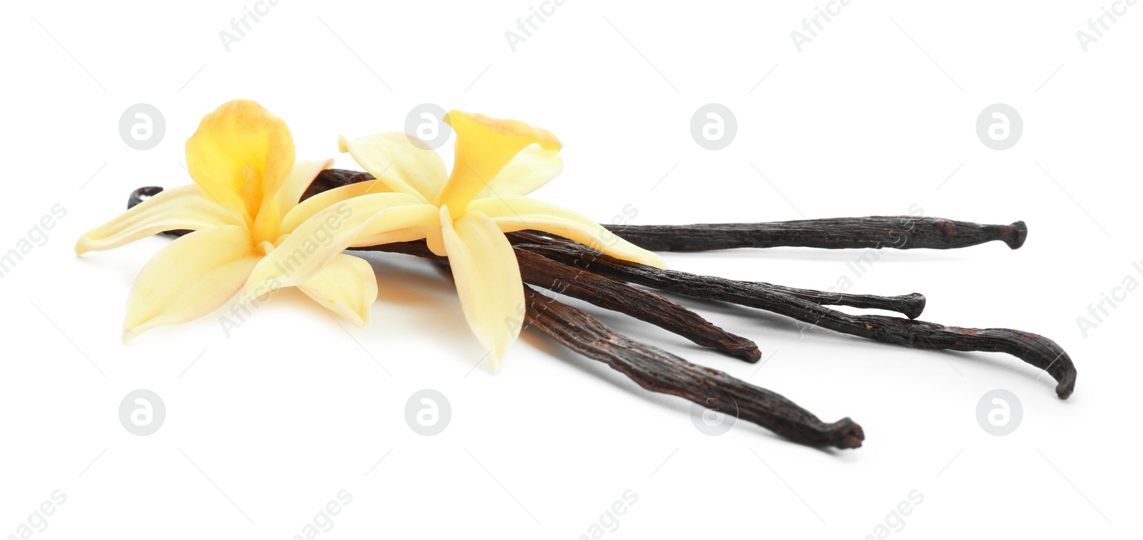 Photo of Aromatic vanilla sticks and flowers on white background