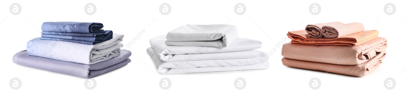 Image of Set with stacks of clean bed linen on white background. Banner design