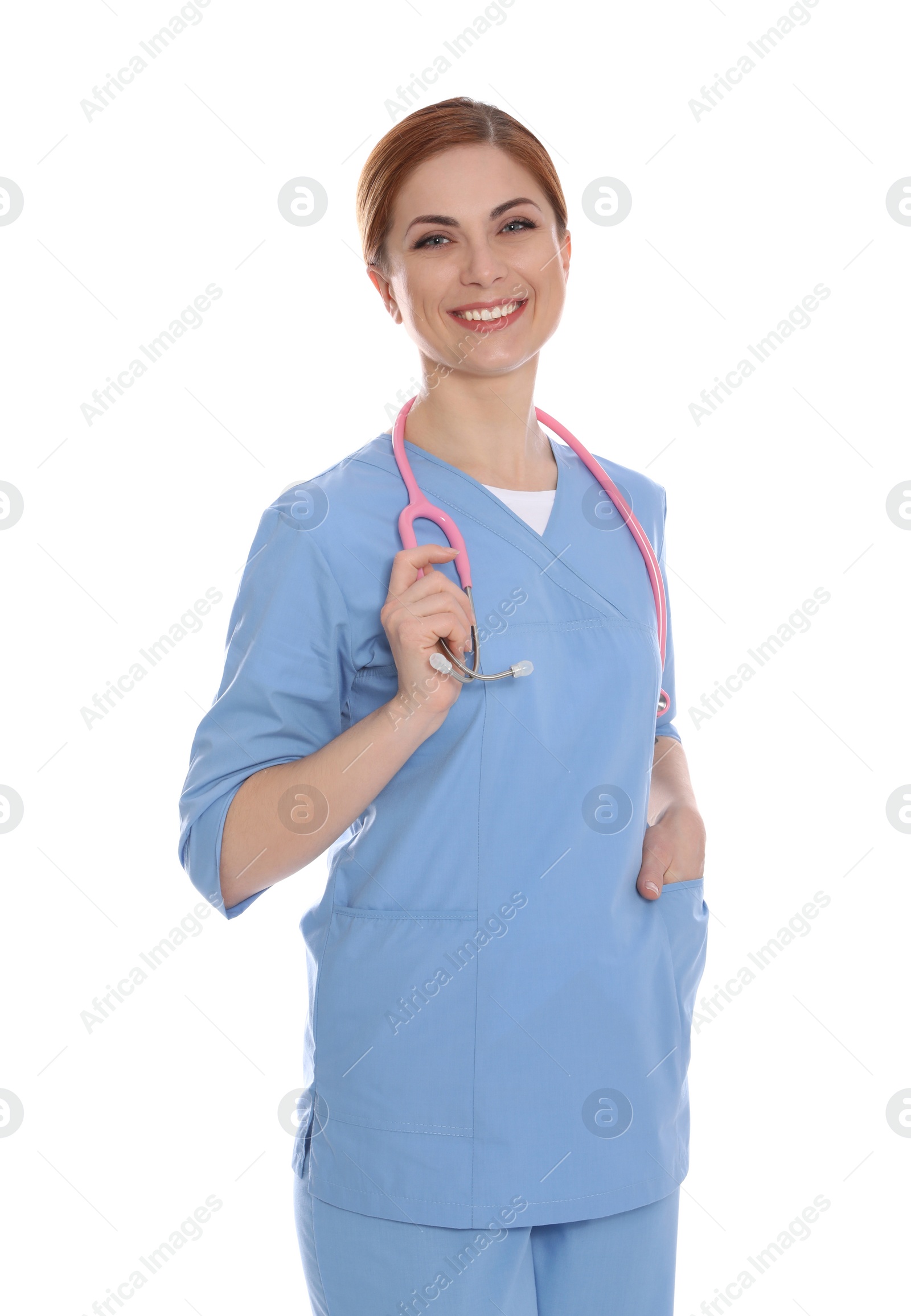 Photo of Portrait of medical doctor with stethoscope isolated on white