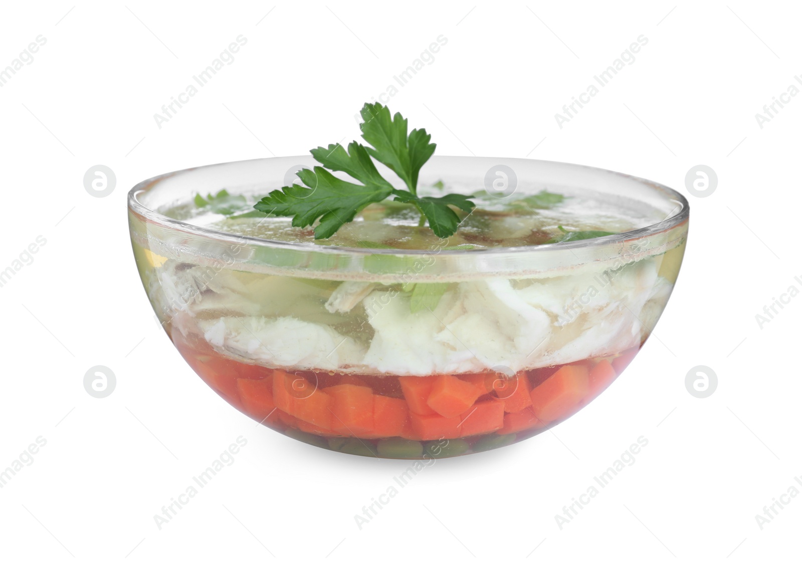 Photo of Delicious fish aspic in glass bowl isolated on white