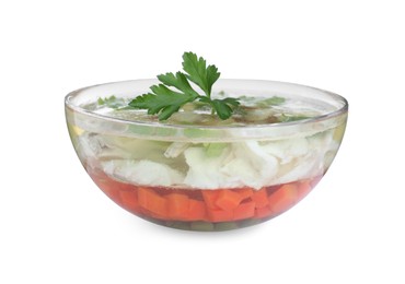 Delicious fish aspic in glass bowl isolated on white