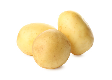 Photo of Fresh raw organic potatoes on white background