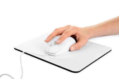 Woman with wired mouse and pad isolated on white, closeup