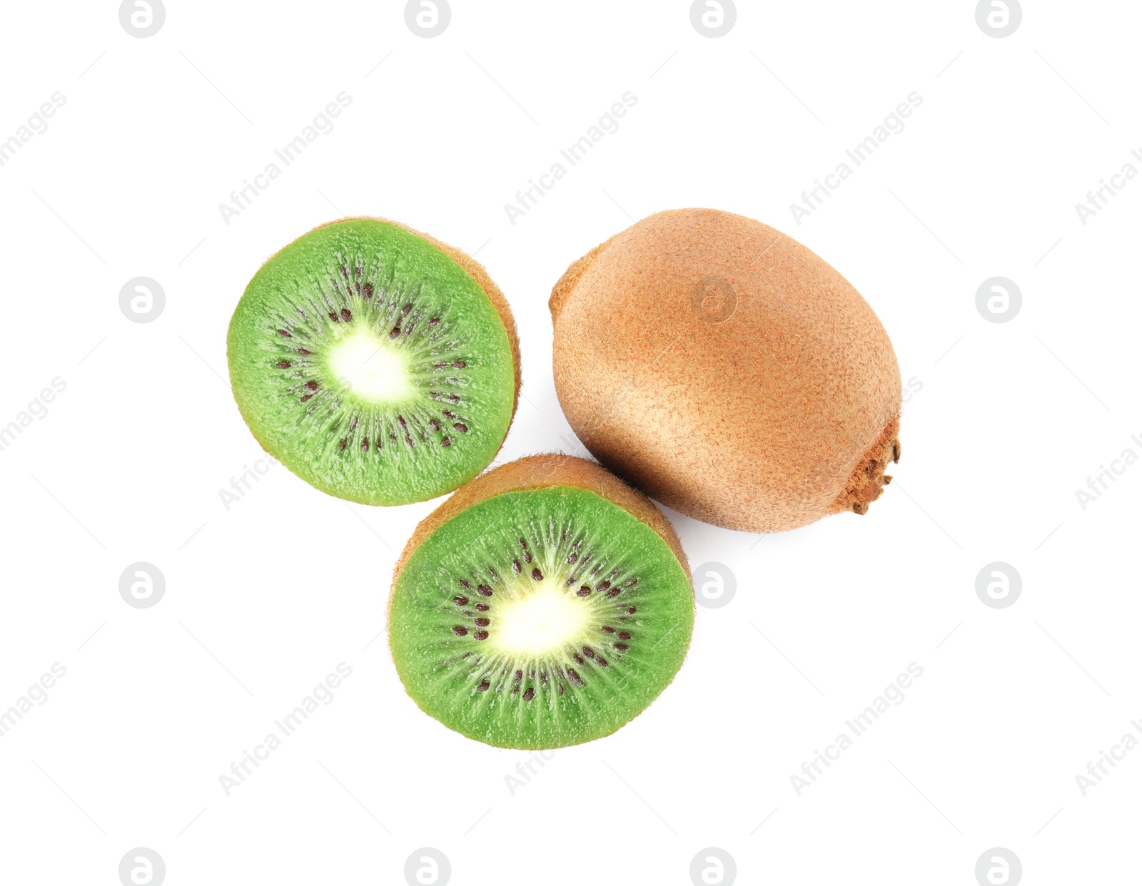 Photo of Cut and whole fresh kiwis on white background, top view