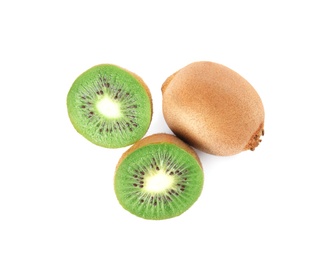 Photo of Cut and whole fresh kiwis on white background, top view