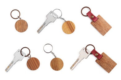 Set with keys and key chains isolated on white