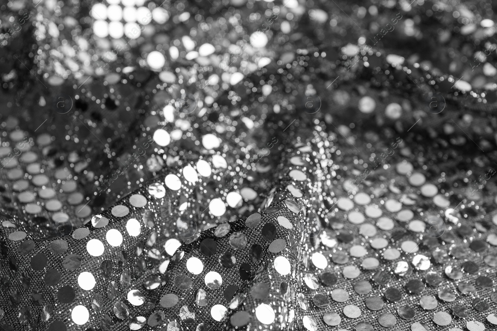 Image of Texture of beautiful silver fabric with paillettes as background, closeup