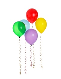 Many colorful balloons floating on white background