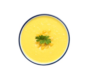Photo of Delicious creamy corn soup isolated on white, top view