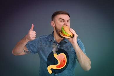 Improper nutrition can lead to heartburn or other gastrointestinal problems. Happy man eating burger on dark background. Illustration of stomach with fire and smoke as acid indigestion