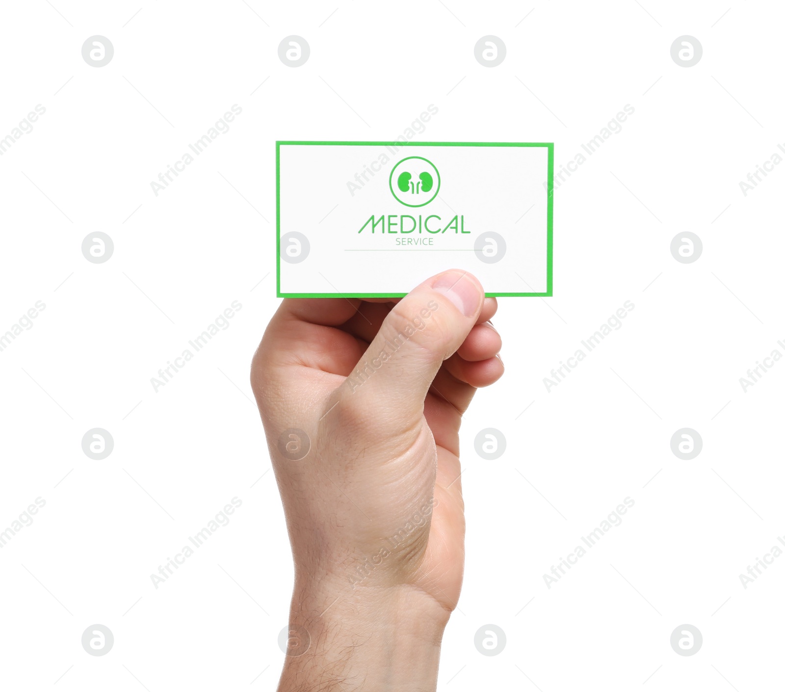 Photo of Man holding medical business card isolated on white, closeup. Nephrology service