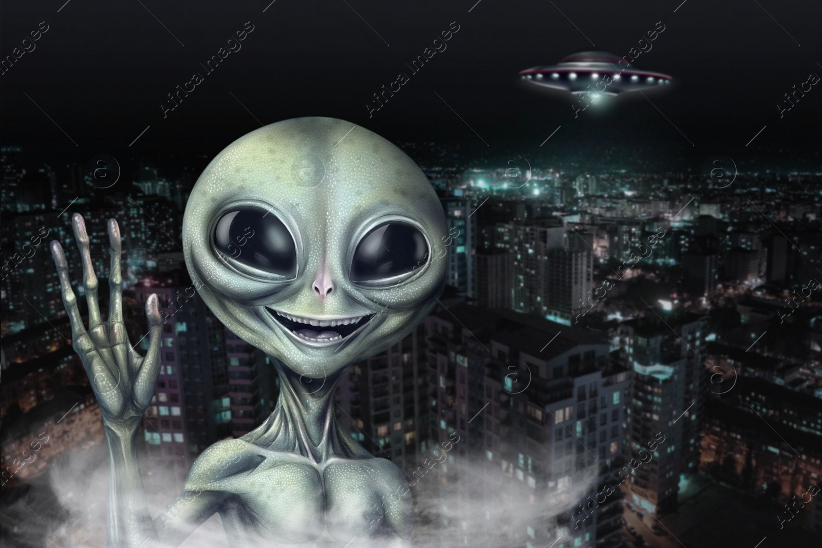 Image of Alien and flying saucer at city. UFO, extraterrestrial visitors