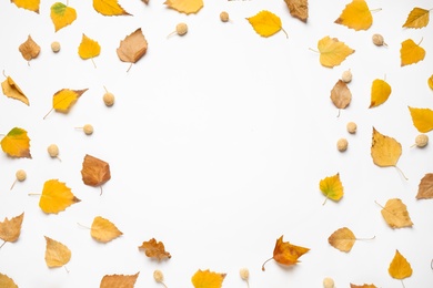 Photo of Flat lay composition with autumn leaves and space for text on white background