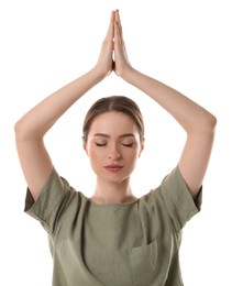 Photo of Beautiful young woman meditating on white background