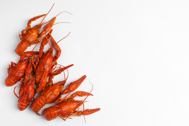 Photo of Delicious boiled crayfishes isolated on white, top view