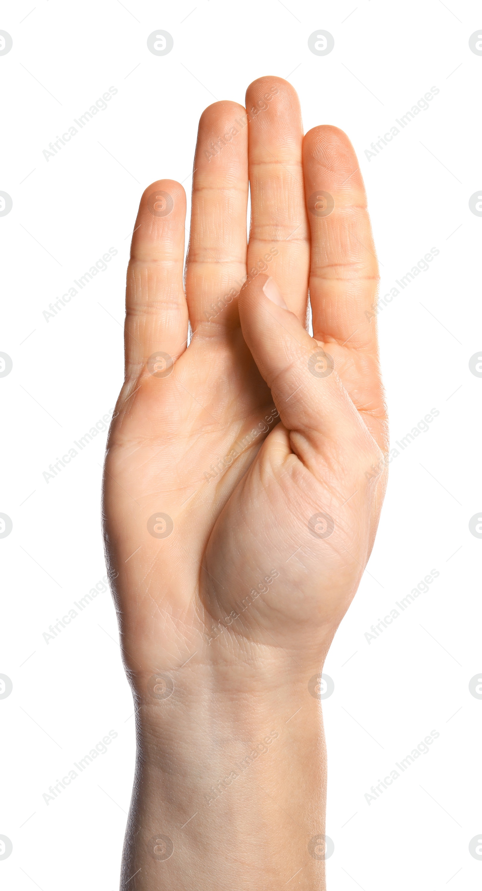 Photo of Man showing B letter on white background, closeup. Sign language