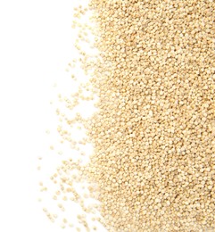 Photo of Raw quinoa on white background, top view