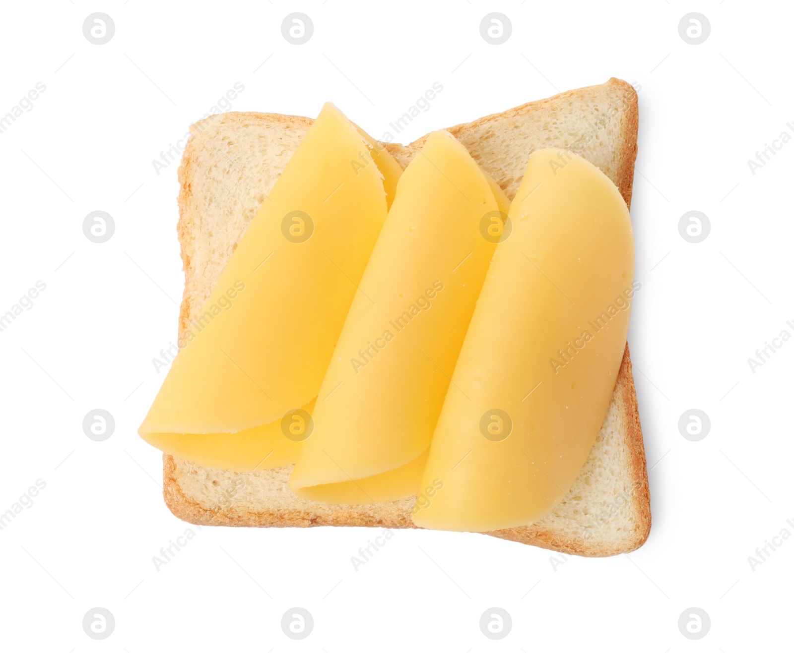 Photo of Tasty sandwich with slices of fresh cheese isolated on white, top view