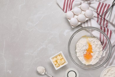 Different ingredients for making tasty baklava on light grey marble table, flat lay. Space for text