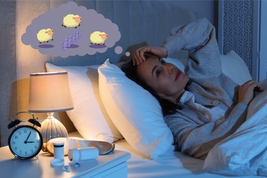 Image of Mature woman trying to fall asleep counting sheep in bed at night
