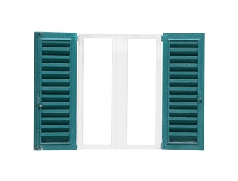 Image of Beautiful window frame with wooden shutters isolated on white
