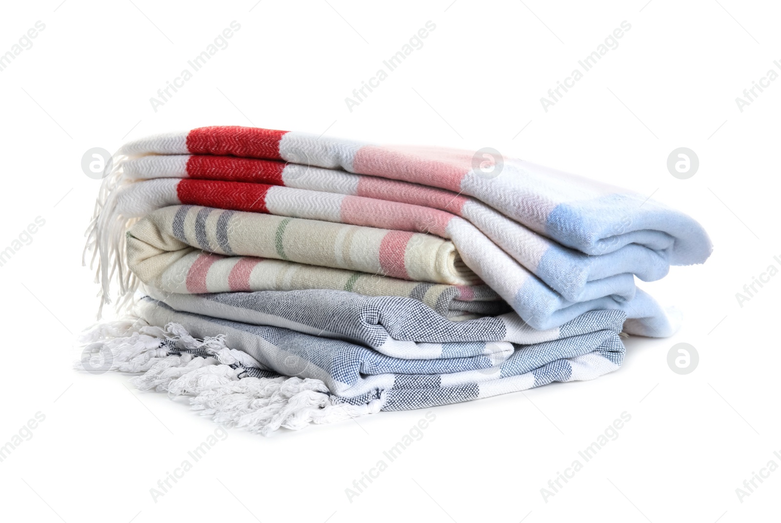 Photo of Different stylish soft plaids on white background