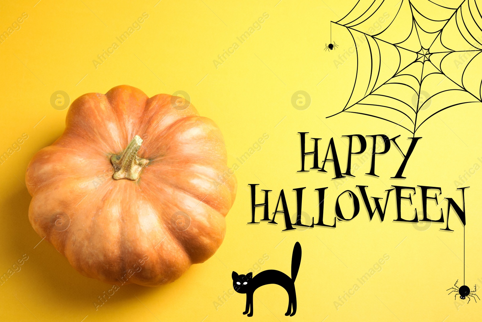 Image of Happy Halloween greeting card design. Fresh pumpkin and illustrations on yellow background, top view