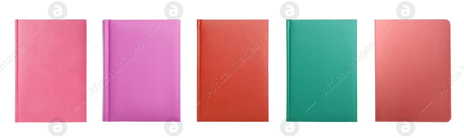 Image of Set with stylish colorful notebooks on white background, top view. Banner design