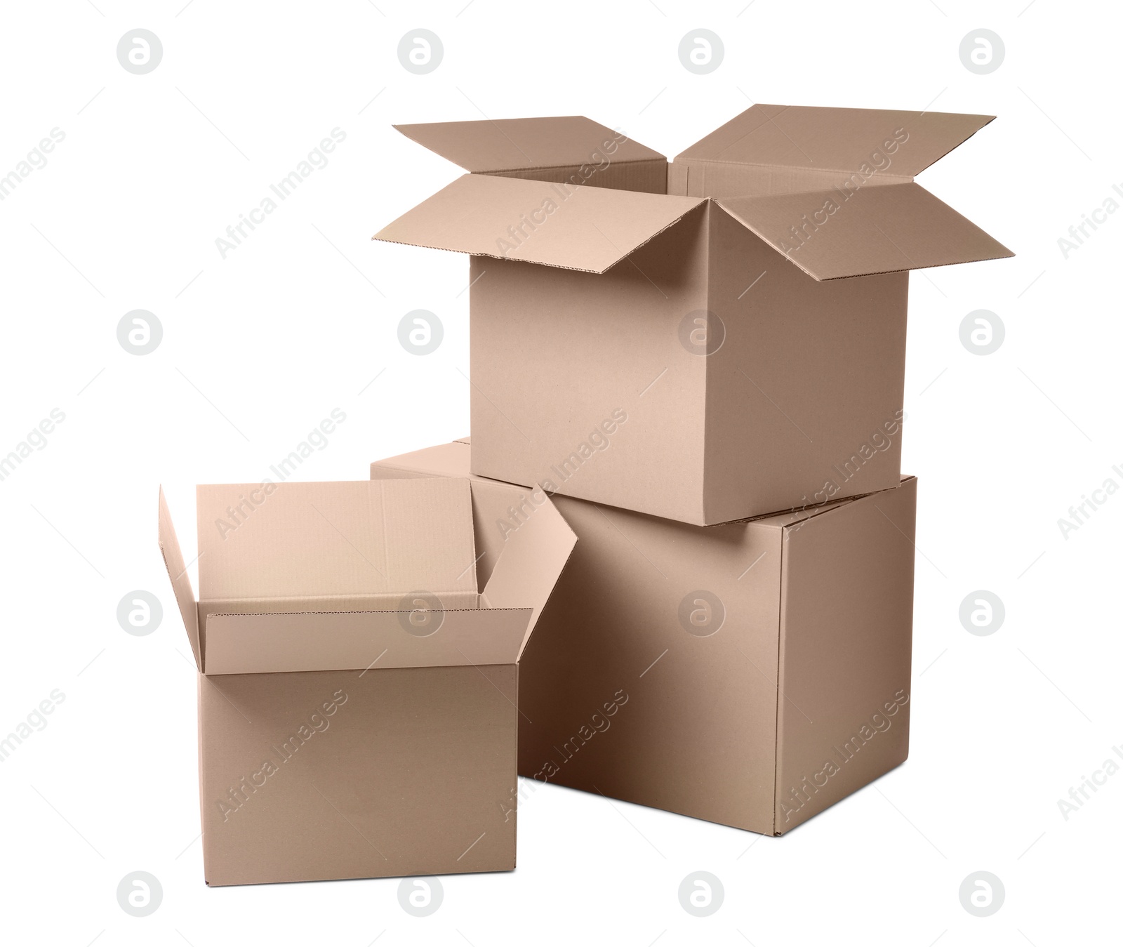 Photo of Three different cardboard boxes on white background