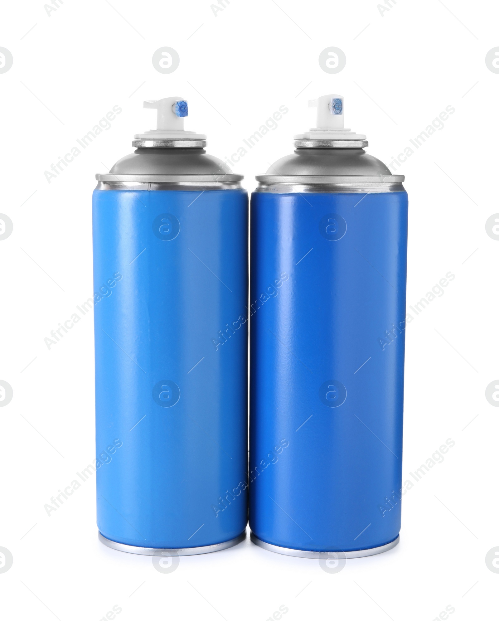 Photo of Blue cans of spray paint isolated on white