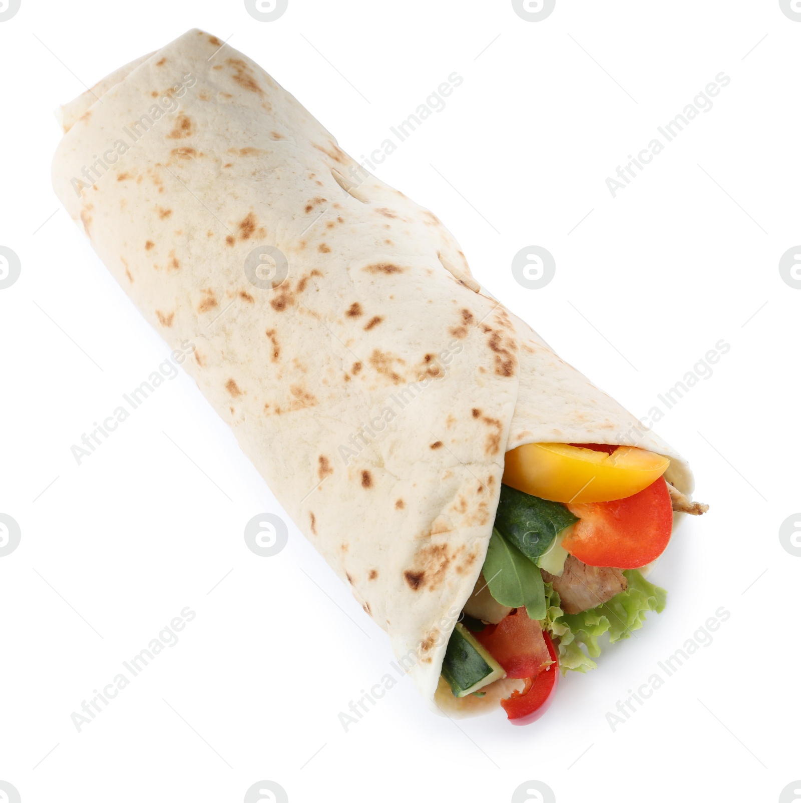 Photo of Delicious meat tortilla wrap isolated on white