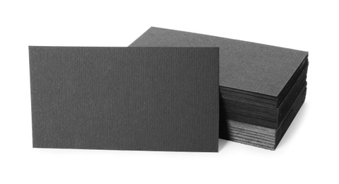 Many blank black business cards isolated on white. Mockup for design