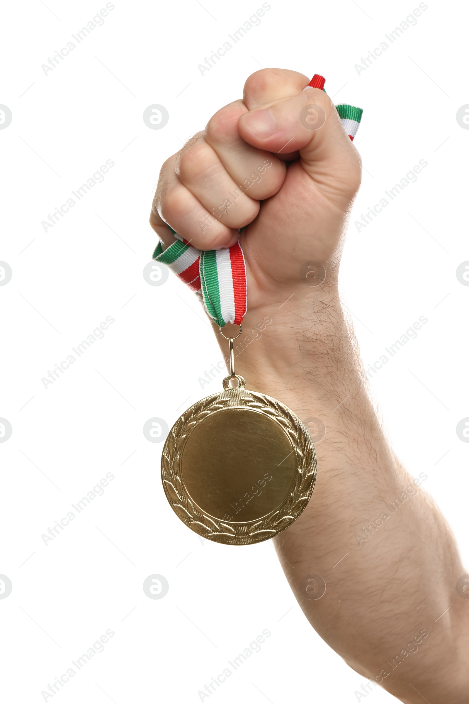 Photo of Man holding golden medal on white background, closeup. Space for design