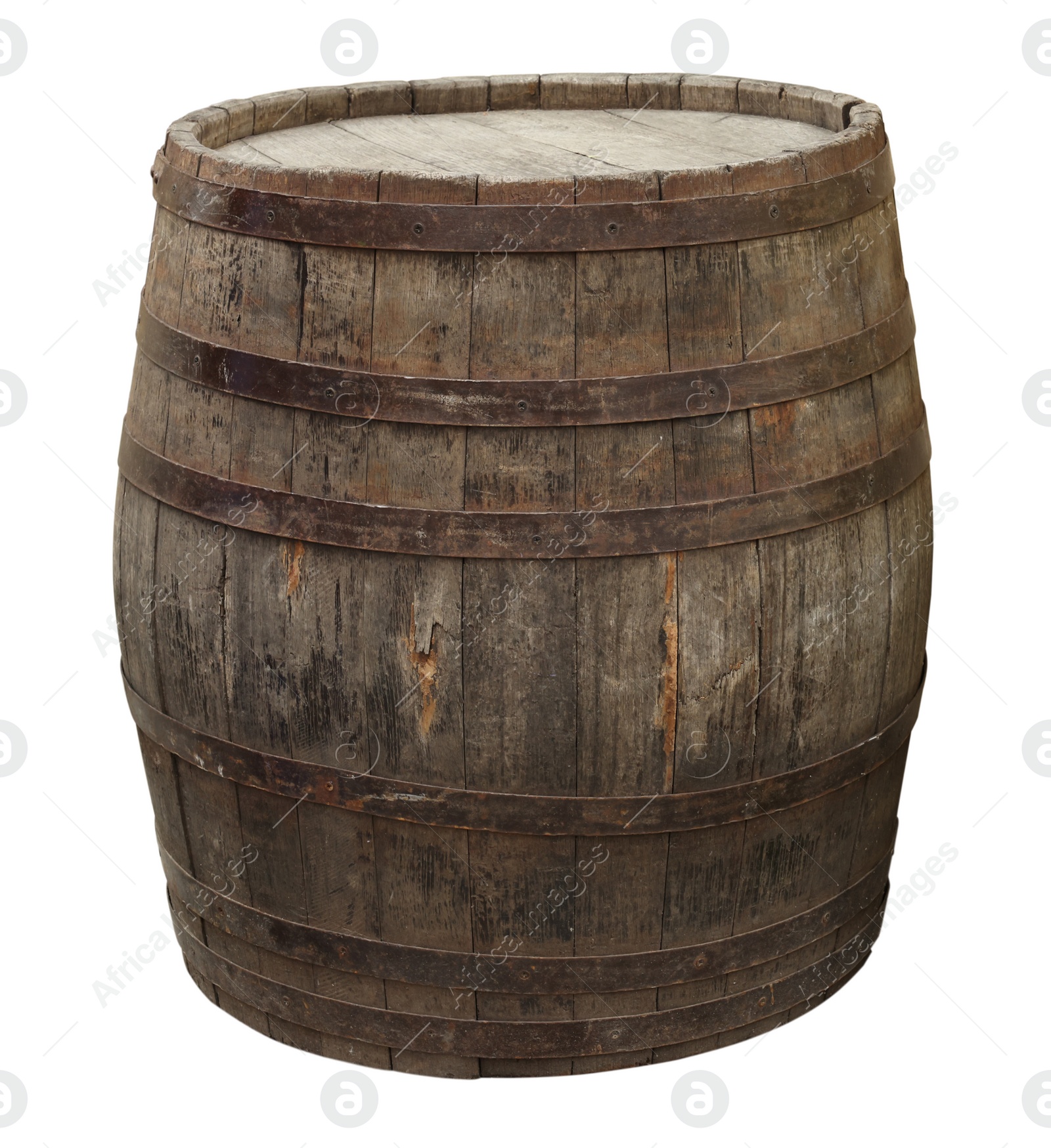 Image of One wooden barrel with metal hoops isolated on white